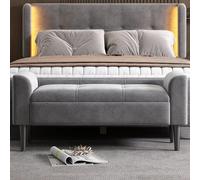 Panca imbottita con bracciolo, 116 x 44 x 56 cm, sgabello letto, panche per camera da letto, pianoforte e sala da pranzo, motivo trapuntato, velluto, MDF grigio