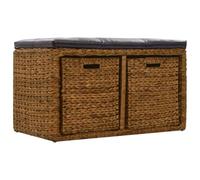 Panca in Giunco con 2 Ceste, 71x40x42 cm, Marrone e Nero | Panca contenitore con 2 ceste, cuscino 6 cm, similpelle, capacità 110 kg, già montata