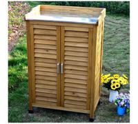 Panca in legno con scrivania zincata, doppie ante e mobiletto portaoggetti, ideale per giardino, balcone e cortile