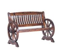 Panca in legno per esterni con braccioli e schienale a ruota carro, rustica per 2 persone, per giardino, patio, prato, cortile e decorazione del parco