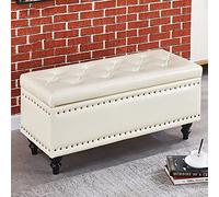 Panca ottomana moderna in pelle sintetica trapuntata, rettangolare, con parte superiore sollevabile, per ingresso e scarpe, elegante poggiapiedi in ecopelle, colore beige, 70 x 40 x 45 cm