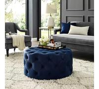 Panca ottomana rotonda in velluto blu navy con poggiapiedi moderno e tavolino da caffè, elegante panca per soggiorno e camera da letto, di piccole dimensioni (61 x 61 x 40,6 cm)