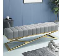 Panca per camera da letto in peluche di lusso con base in metallo a forma di X, moderna panca imbottita in velluto per scarpe, seduta decorativa trapuntata per ingresso, colore grigio, 80 x 38 x 43 cm