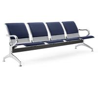 Panca per Sala Attesa 4 Posti da Ufficio con Cuscino in Acciaio e Similpelle Argento/Blu Navy