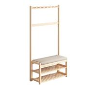 Panca per scarpe con contenitore in legno massello, scaffale per ingresso multifunzione, sgabello fasciatoio e appendiabiti elegante portico per ingresso domestico