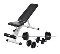 Panca per sollevamento pesi per casa con bilanciere e manubri, set da 60,5 kg, panca inclinata regolabile per allenamento della forza, schienale regolabile in 5 posizioni, include 6 x 1,25 kg, 4 x 2,5