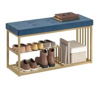 Panca porta scarpe moderna HOMCOM con cuscino in velluto, panca porta scarpe imbottita con ripiani e struttura in acciaio color oro per ingresso, corridoio, soggiorno, camera da letto, blu scuro