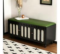 Panca porta scarpe, pouf contenitore, legno di gomma, intreccio in vimini