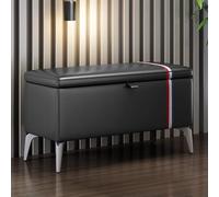 Panca portaoggetti moderna in legno massello, multifunzionale, in pelle, rettangolare, con seduta imbottita, elegante grigio, 90 x 35 x 45 cm, perfetta per ingresso e soggiorno