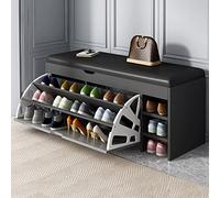 Panca portaoggetti moderna in rovere con scarpiera nascosta, seduta in pelle nera, gambe in legno, 100 x 30 x 51,5 cm, elegante mobile da ingresso per la casa