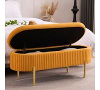 Panca portaoggetti moderna in velluto per camera da letto e soggiorno, color giallo senape, ottomana imbottita con gambe dorate, elegante estremità del letto e mobili da ingresso, design ovale, 115,6
