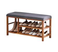 Panca Portascarpe In Legno Massello Con Seduta In Lino - Panca Portaoggetti A 2 Livelli For Ingresso, Grigio(86 x 33 x 45 cm)