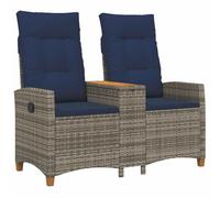 Panca reclinabile in polyrattan con tavolo, grigio e blu marino | Schienale regolabile, cuscino rimovibile, resistente ai raggi UV, carico massimo 110 kg, per giardino e terrazza