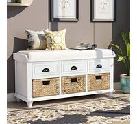 Panca rustica in legno di acacia con 3 cassetti e cestini in rattan, elegante scarpiera per ingresso e soggiorno, 106,9 x 39,1 x 47,5 cm (lunghezza x larghezza x altezza), finitura bianca