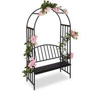 BAKAJI Panchina 2 Posti con Arco da Giardino per Piante Rampicanti in Metallo, Pergolato Griglia per Rose e Piante Colore Nero, (115 x 50 x 205 cm)