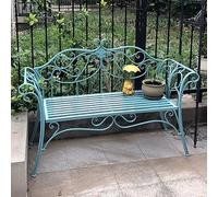 Panchina da giardino da 132 cm, in metallo, stile retrò, per 2 comodi schienali e braccioli, perfetta per cortile, veranda, prato e cortile, colore: azzurro