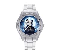 Panda Admiring The Moon - Orologio da polso da uomo, in acciaio inox, analogico, al quarzo, Stile:, regular, Bracciale