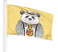Panda Flag Decor 3x5 Ft Animale Orso Animale Ritratto Cappello Cravatta Cartone Animato Floreale Grano Selvaggio Zoo Sorriso Poliestere Motivo Stampato Decorazioni per Esterni per Case e Giardini