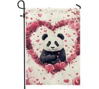 Panda Love - Bandiera da giardino con cuori di rose, decorazione stagionale, bandiera double face in iuta per prato esterno, 30,5 x 45,7 cm