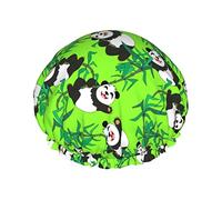 Panda Playing Leaves Pattern Cuffia da doccia Donna Cappucci per capelli lunghi riutilizzabili con fascia elastica Cappello da doccia a doppio strato per adulti Bambini