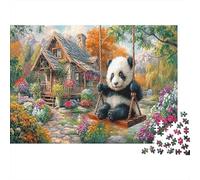 Panda sull’Altalena Carta resistente Panda sull’altalena vicino a una capanna nel bosco Puzzle antistress decorazione domestica 52x38cm/1000 pezzi