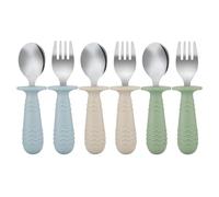 PandaEar 6 Pezzi di Posate in Acciaio Inossidabile e Silicone per Bambini e Neonati, Cucchiai e Forchette Posate per Bambini BPA Free con Design Antisoffocamento in Silicone (Blu Verde Beige)