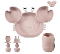 PandaEar Set Alimentazione Bambini Silicone | Piatto Diviso Silicone con Ventosa Granchio e Tazza con Cucchiai & Forchette | Utensili per lo Svezzamento Bambino - Rosa