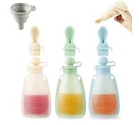 PandaEar Set di 3 Sacchetti Riutilizzabili in Silicone per Pappe per Neonati | Con 3 Cucchiai di Purea | Ricaricabili, Senza BPA, 150 ml (Beige/Blu/Verde)