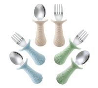 PandaEar Set di Posate in Silicone e Acciaio Inox per Bambini, 6 Pezzi di Cucchiai e Forchette per Bambini in Acciaio Inox con Manico in Silicone Anti-Soffocamento (Blu &Verde &Beige)