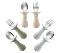 PandaEar Set di Posate in Silicone e Acciaio Inox per Bambini, 6 Pezzi di Cucchiai e Forchette per Bambini in Acciaio Inox con Manico in Silicone Anti-Soffocamento (Beige & Noce & Grigio)