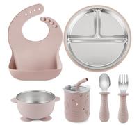 PandaEar Set Pappa 6-in-1 in Acciaio Inox per Bambini | Piatto Diviso con Ventosa, Ciotola, Bicchiere con Cannuccia, Bavaglino, Cucchiaio e Forchetta | Accessori per l'Autosvezzamento Senza BPA (Rosa)