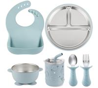 PandaEar Set Pappa 6-in-1 in Acciaio Inox per Bambini | Piatto Diviso con Ventosa, Ciotola, Bicchiere con Cannuccia, Bavaglino, Cucchiaio e Forchetta | Accessori per l'Autosvezzamento Senza BPA (Blu)