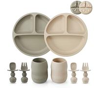 PandaEar Set Pappa Svezzamento | Piastra Di Aspirazione Divisa In Silicone Da 2 Pezzi E Tazza Minuscola Da 2 Pezzi Con 2 Cucchiai E 2 Forchette (Noce)
