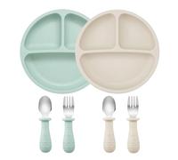 PandaEar Set per l’Alimentazione per Bambini | 2 Piatti Divisi con Ventosa in Silicone, 2 Set di Cucchiai e Forchette per Bambini | Utensili Autoalimentanti per Svezzamento Guidato (Verde e Bianco)