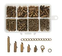 PandaHall - 100 fermagli a cilindro in ottone anticato con gancio a scomparsa, ganci per orecchini a monachella e chiusure a moschettone, con anelli apribili e catenine allungatrici in lega, accessori per creare gioielli.