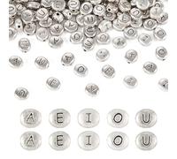 PandaHall - 100 perline in stile tibetano, lettere vocali antiche argento, perline con alfabeto, perline ovali Pony, in massa per braccialetti dell'amicizia, creazione di gioielli (AEIOU)