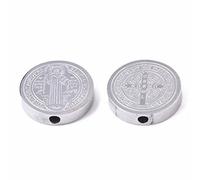 Pandahall 10pcs San Benedetto Medaglia Bead 304 Acciaio Inox Piatto Rotonda Croce Medaglia Distanziale Perline Charms Doppi Lati per FAI DA TE Pasqua Rosario Collana Bracciale 14,5 mm