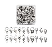 PandaHall - 60 chiusure a moschettone grandi, 10 stili, in metallo color argento antico, per collane, bracciali, gioielli fai da te, accessori