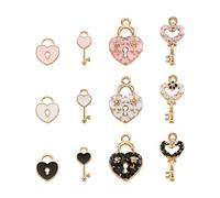 PandaHall - 60 mini ciondoli a forma di lucchetto a forma di cuore e chiave, in lega smaltata, con strass, placcati in oro chiaro, per San Valentino, bracciali, collane e gioielli, colore: bianco,