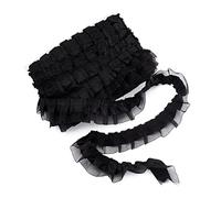 PandaHall - Nastro in organza satinato con bordo in pizzo, 20 m, 2 strati, arricciato, con volant, 4,5 cm, colore nero, bordatura plissettata, tessuto per cucito, applique ricamate, decorazioni per