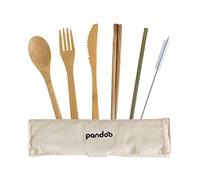 pandoo Set di posate da viaggio in bambù, 7 pezzi, con custodia | Posate compatte in bambù con borsa in cotone per la pausa pranzo, picnic, campeggio e viaggi