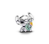 PANDORA Ciondolo Disney Stitch & Scrump in argento Sterling 925 con vetro di Murano e smaltato, Stitch con motivo Scrump, compatibile Moments 794554C01