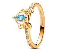 PANDORA Disney Anello con Cenerentola placcato in oro 14k con zirconi cubici azzurri trasparenti e fantasiosi, 50