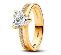 PANDORA Timeless Anello con cuore placcato in oro 14k con zirconi cubici trasparenti, 58