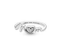 PANDORA Anello Moments a forma di cuore con pavé e scritta Mom in argento Sterling con zirconia cubica trasparente, 48