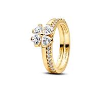 PANDORA Anello trifoglio portafortuna da dividere in oro 14 carati con zirconia cubica, set da 2 anelli da donna con pietre a forma di cuore e pavé anello impilabile, misura 56, 164507C01-56
