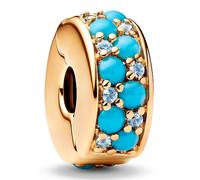 Pandora Moments Aquablaues 763902C01 - Ciondolo a clip in argento sterling placcato oro 14 carati, con cristalli blu ghiaccio e blu caprio, compatibile, 10,5x10,9x4,8 mm, Argento sterling, Nessuna