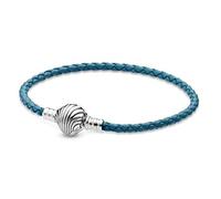 PANDORA Bracciale in pelle intrecciata turchese in argento Sterling con chiusura a conchiglia, 19cm