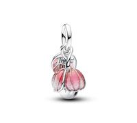 PANDORA Charm 764453C01 - Ciondolo a forma di fiore bicolore con placcatura in oro 14 carati, cristallo verde e smalto rosa, con incisione a forma di grazie, compatibile Moments Me