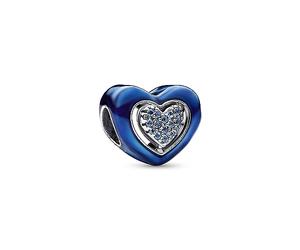 PANDORA Ciondolo a forma di cuore Moments in argento Sterling con cristallo blu notte e smalto blu trasparente